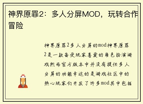 神界原罪2：多人分屏MOD，玩转合作冒险